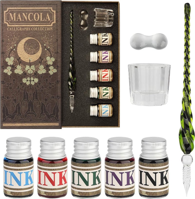 mancola Glass Dipped Crystal Calligraphy Pen Set with 5 Colorful India Ink, 1 Pen Holder, 1 Cleaning Cup, Ink Drip Tool, Signatures, Drawing, Decoration Kits for Beginners - Image 1